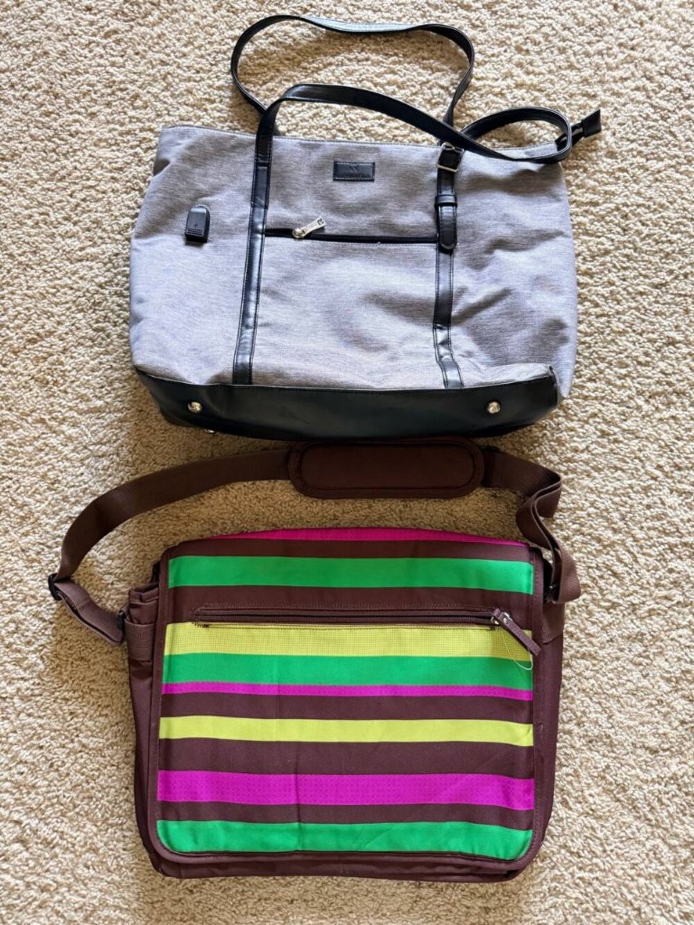 Set of 2 Laptop Bags Grey Tote Work Shoulder Bag & Striped Messenger Briefcase